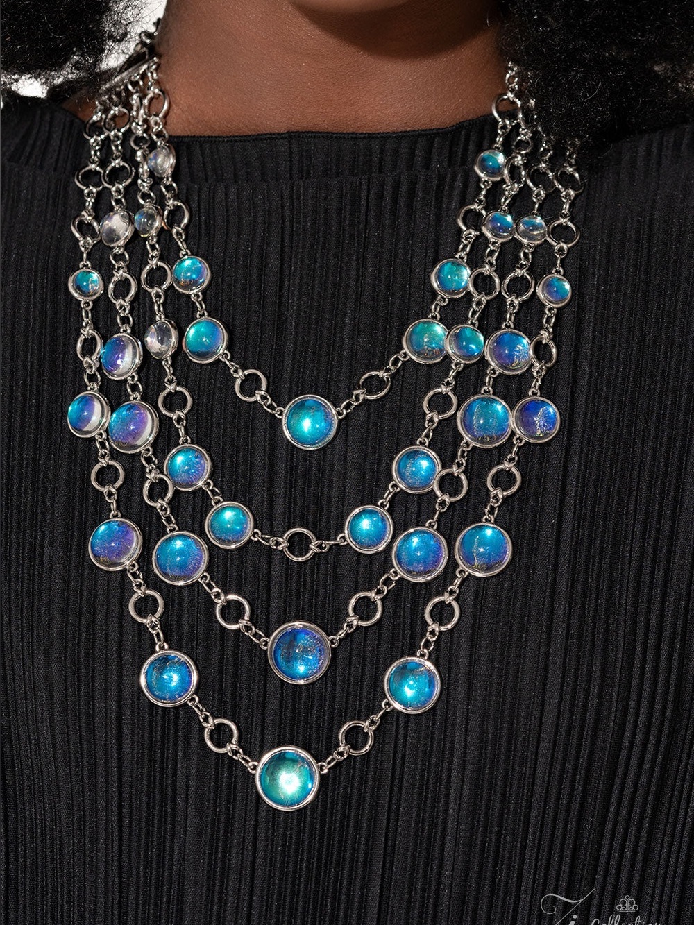 paparazzi Iridescent Blue Layered Glass Cabochon Necklace